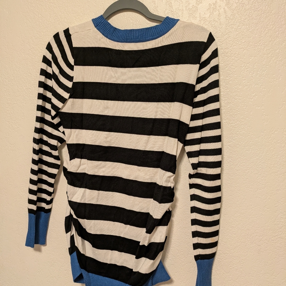 Pink Rose Black & White Striped Maternity Crewneck Sweater with Blue Trim